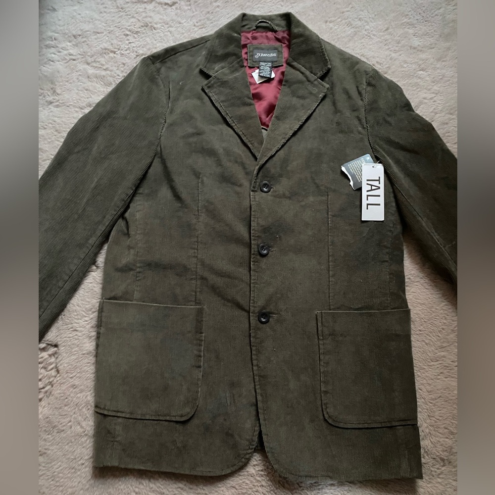 St. Johns Bay Blazer Men M Tall Olive Green Corduroy Everyday Sport Coat Blazer